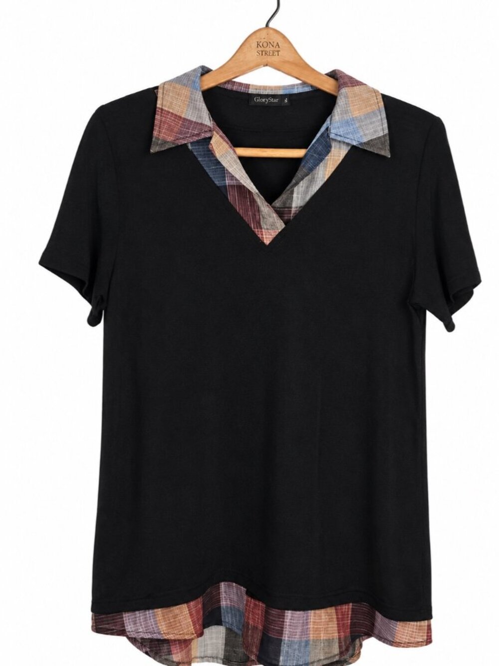 Glorystar Womens Short Sleeve Top XL Black Plaid Trim Casual